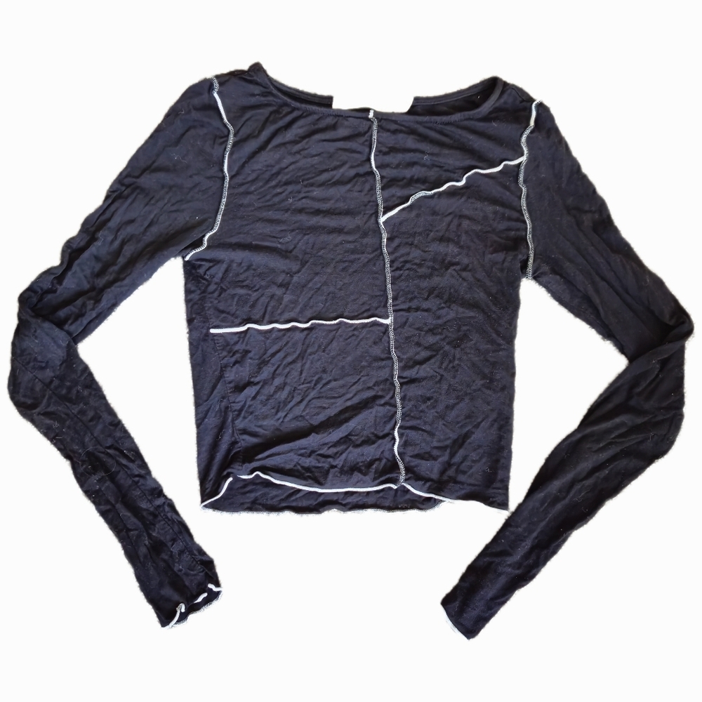 Black Long Sleeve Top with Cream Stitching